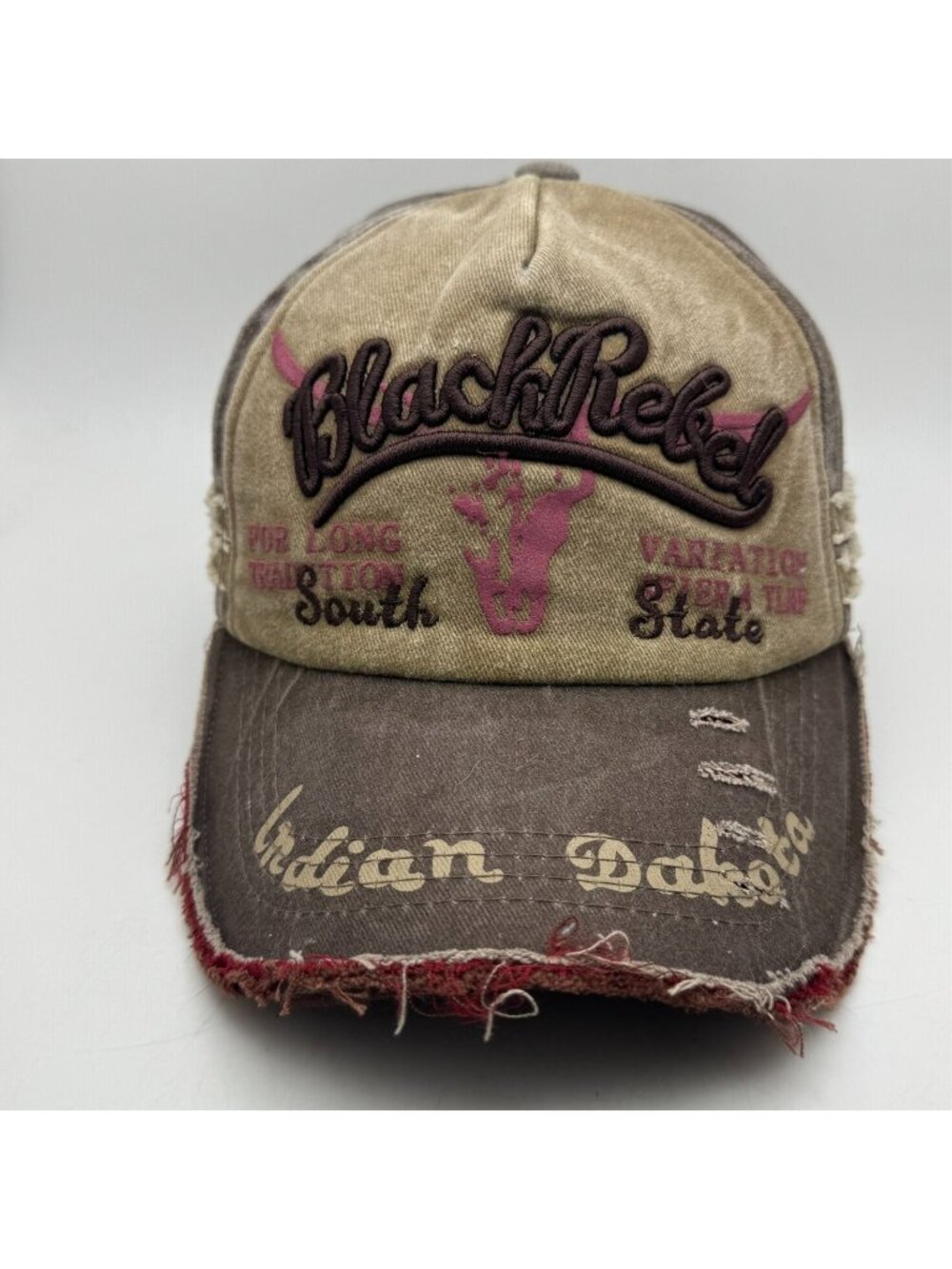 Black Rebel Indian Dakota Hat Cap Distressed Western Longhorn Y2K Strapback